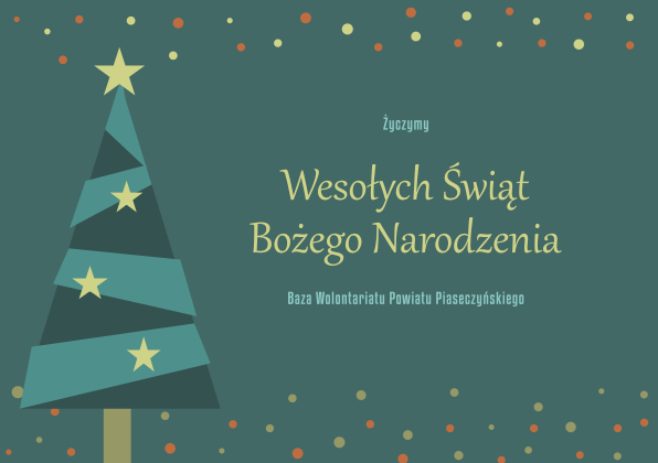 Choinka z ukośnych pasków ciemno i jano zielonych z gwiazdami. W tle kolorowe kułeczka i życzenia Wesołych Świąt Bożego Narodzenia Baza Wolontariatu Powiatu Piaseczyńskiego