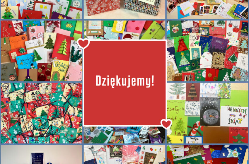 Kolorowe karty Bożonarodzeniowymi z motywami świątecznymi, w środku na czerwonym kwadracie biały napis Dziękujemy!