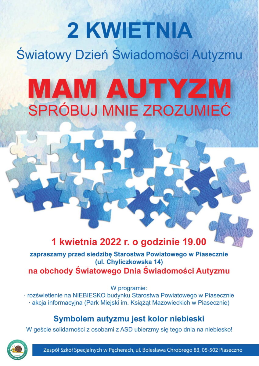 Plakat z napisem Mam Autyzm spróbuj mnie zrozumieć. Z rozsypanymi puzzlami.