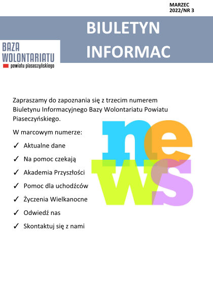 Na niebieskim pasku górnym Bapis Biuletyn Informacyjny Bazy Wolontariatu Powiatu Piaseczyńskiego, logo Bazy, kolorowy napis news