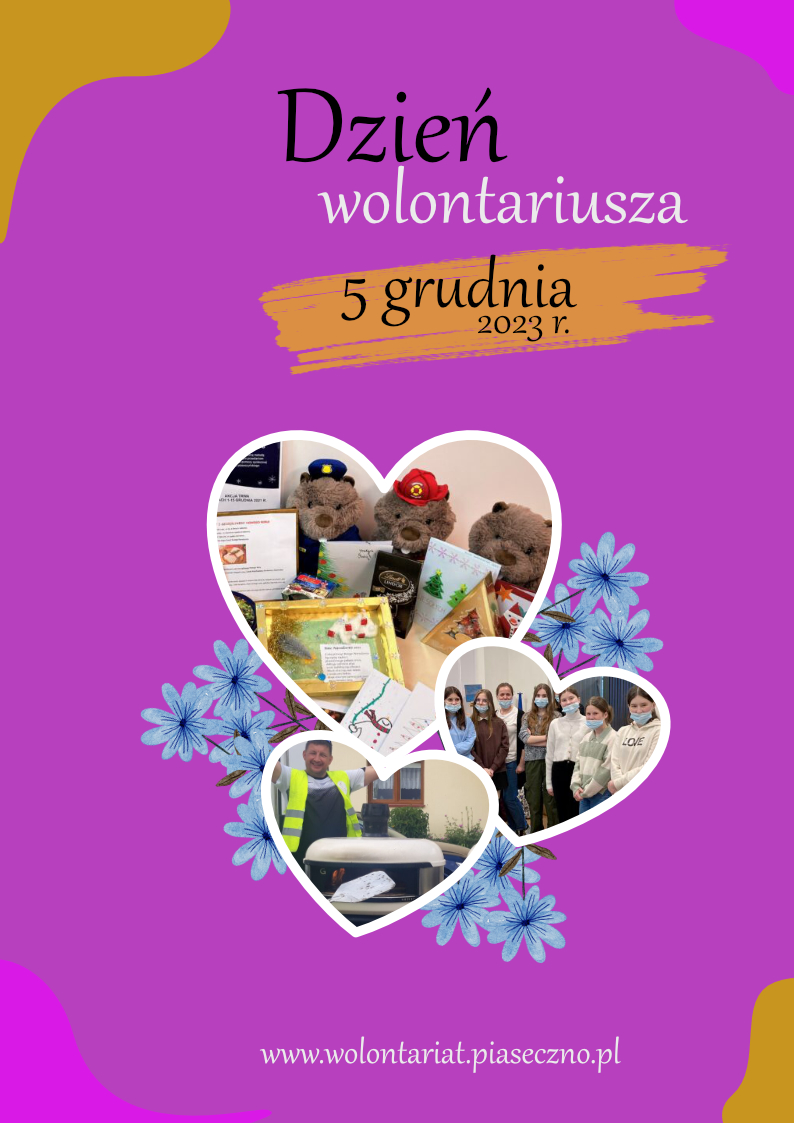 NA FIOLETOWYM TLE 3 SERCA W NICH ZDJĘCIA LUDZI, MASKOTEK I KART ŚWIĄTECZNYCH, ORAZ KWIATY NIEBIESKIE DOOKOŁA SERC