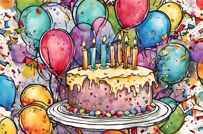 Rysunek, kolorowe balony a na środku tort ze świecami