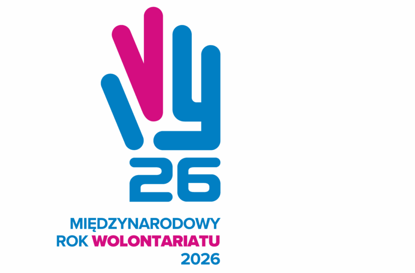 grafika logo w kolorach niebiesko czerwonych 26 miedzynarodowy rok wolontariatu